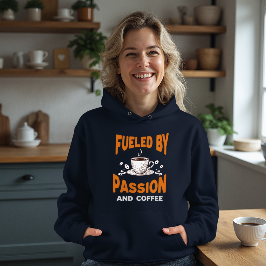 FUELED BY PASSION & COFFEE | ORGANIC COTTON HOODIE FOR WOMEN | NAVY