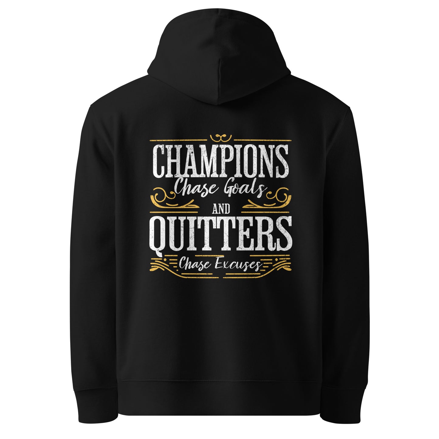 Champions Chase Goals Black Organic Cotton Hoodie for Women back view ghost mockup.