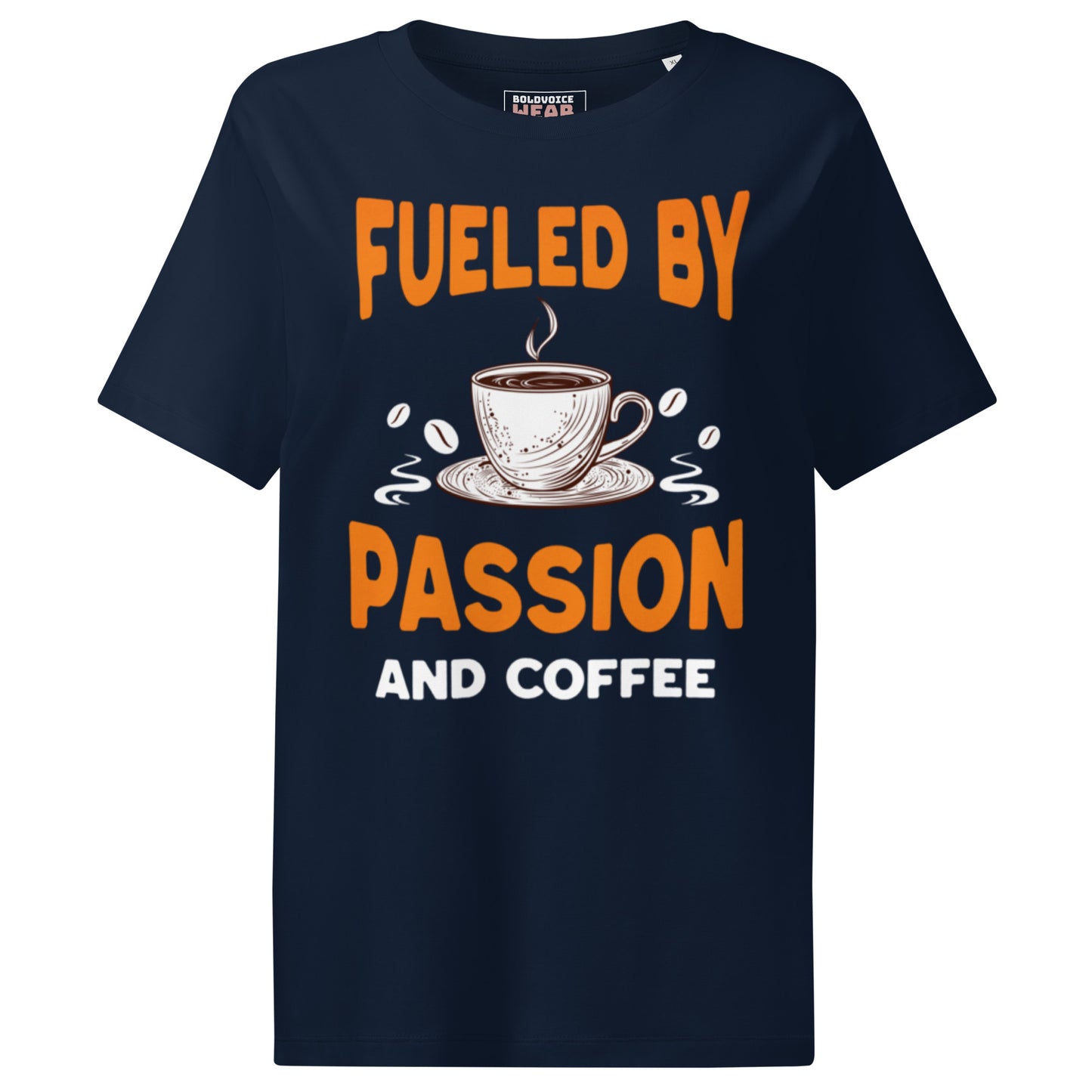 FUELED BY PASSION & COFFEE | ORGANIC COTTON CREWNECK T-SHIRT| NAVY