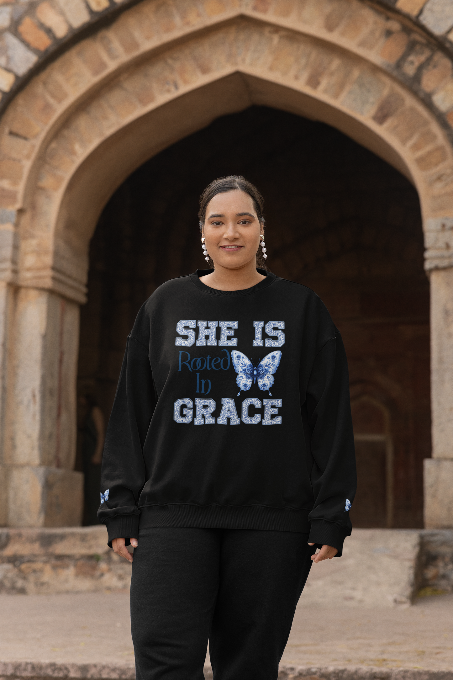 SHE IS ROOTED IN GRACE | PREMIUM COTTON CREWNECK SWEATSHIRT FOR WOMEN