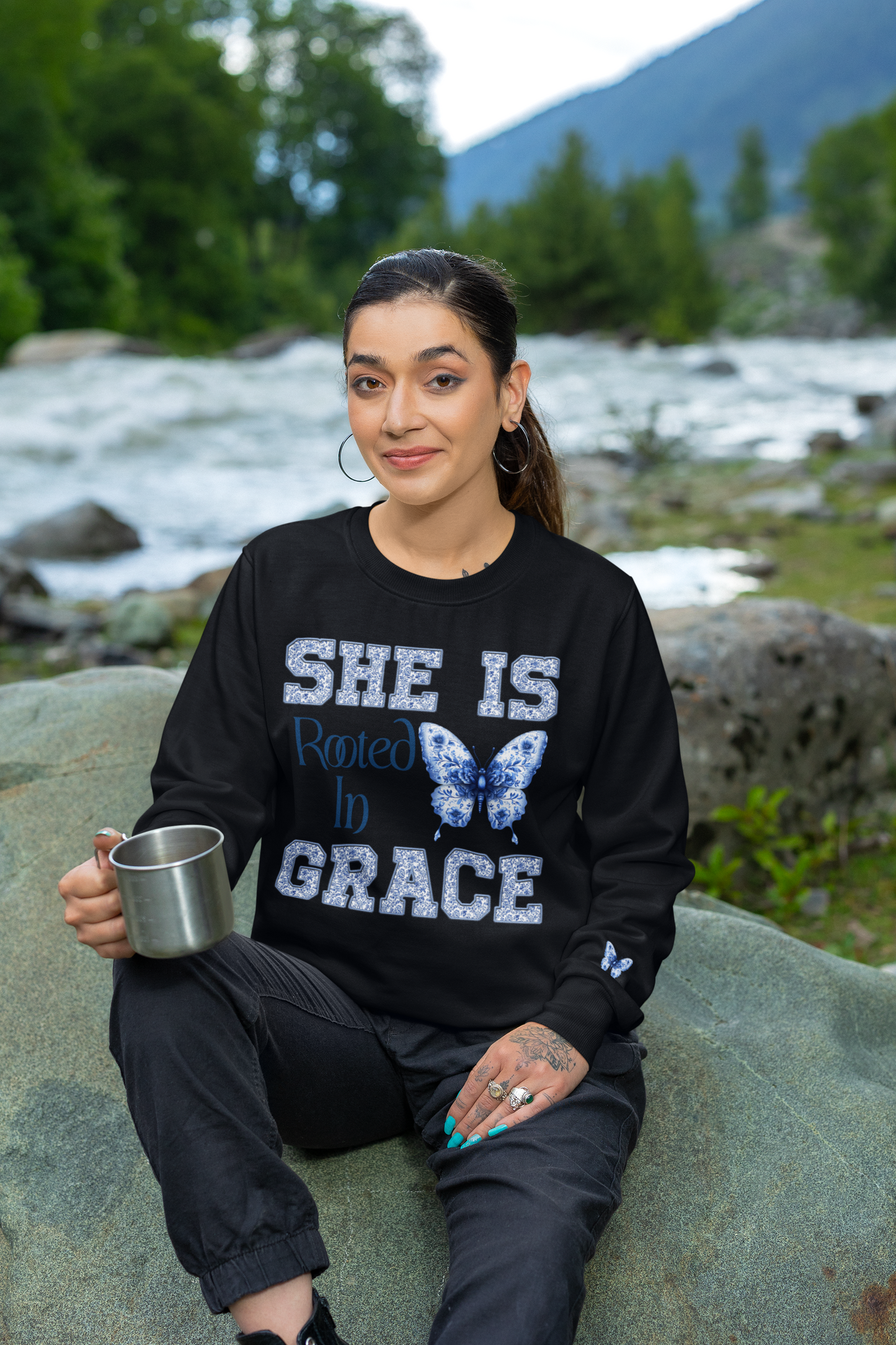 SHE IS ROOTED IN GRACE | PREMIUM COTTON CREWNECK SWEATSHIRT FOR WOMEN