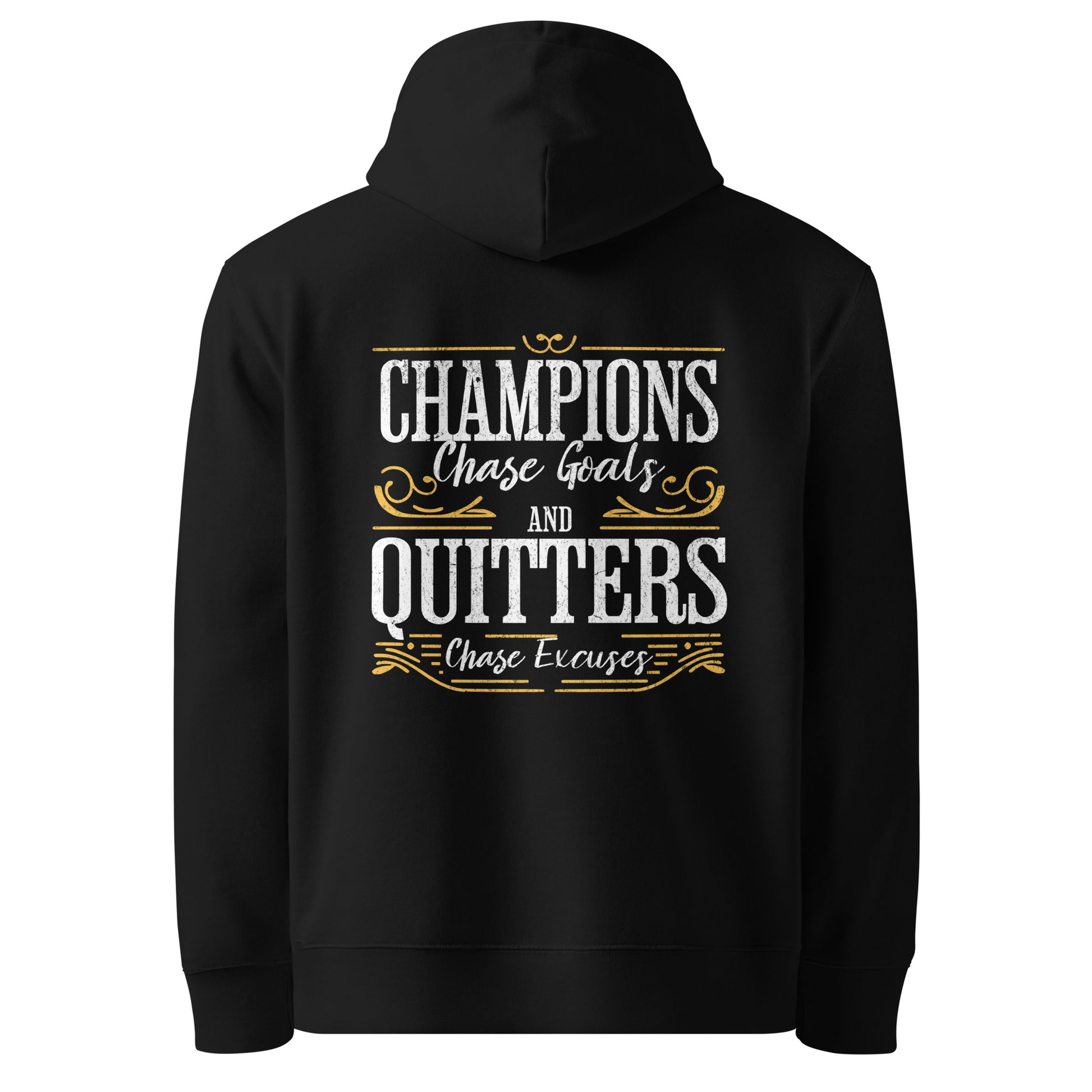 Champions Chase Goals Black Organic Cotton Hoodie for Women back view ghost mockup.