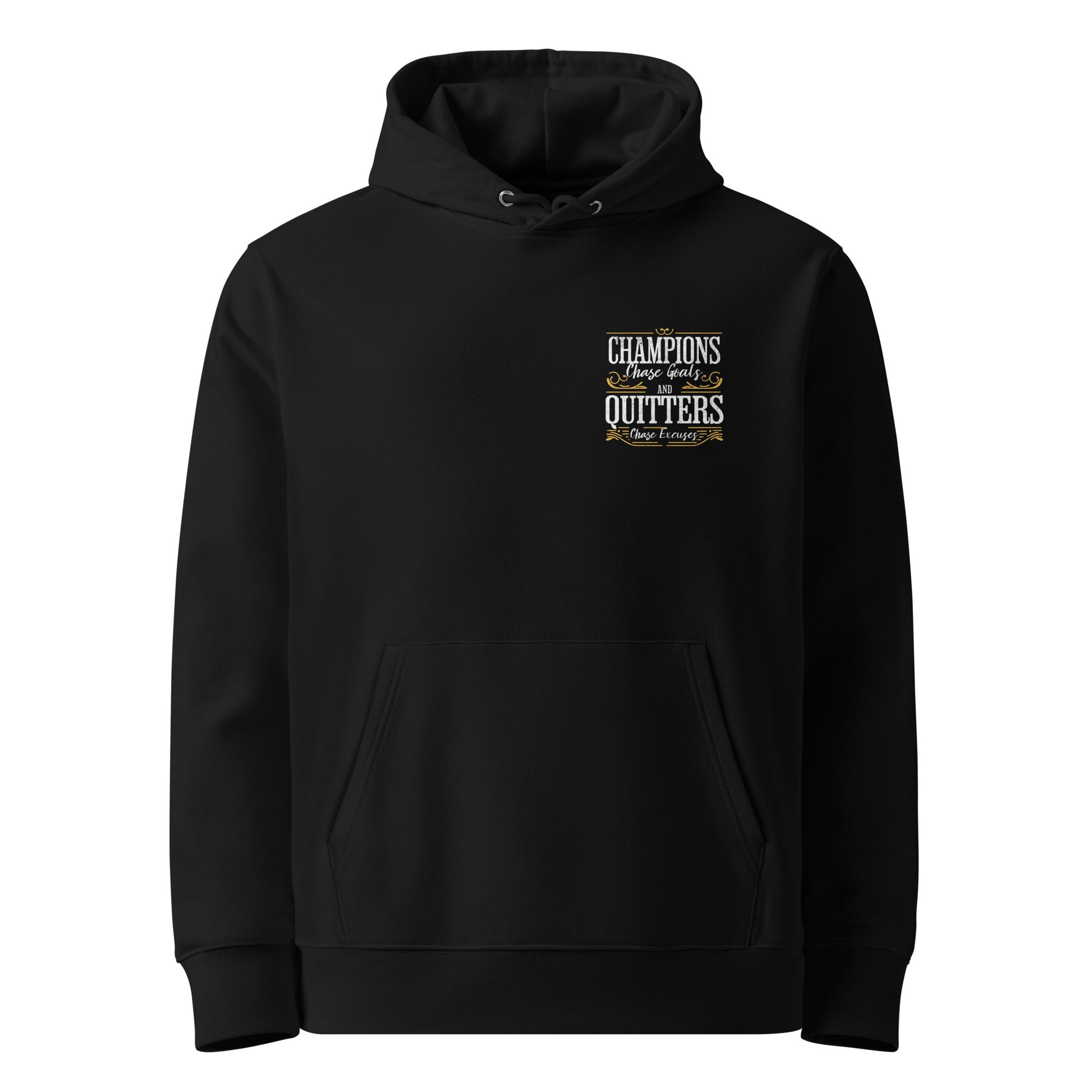 Champions Chase Goals Black Organic Cotton Hoodie for Women front view ghost mockup.