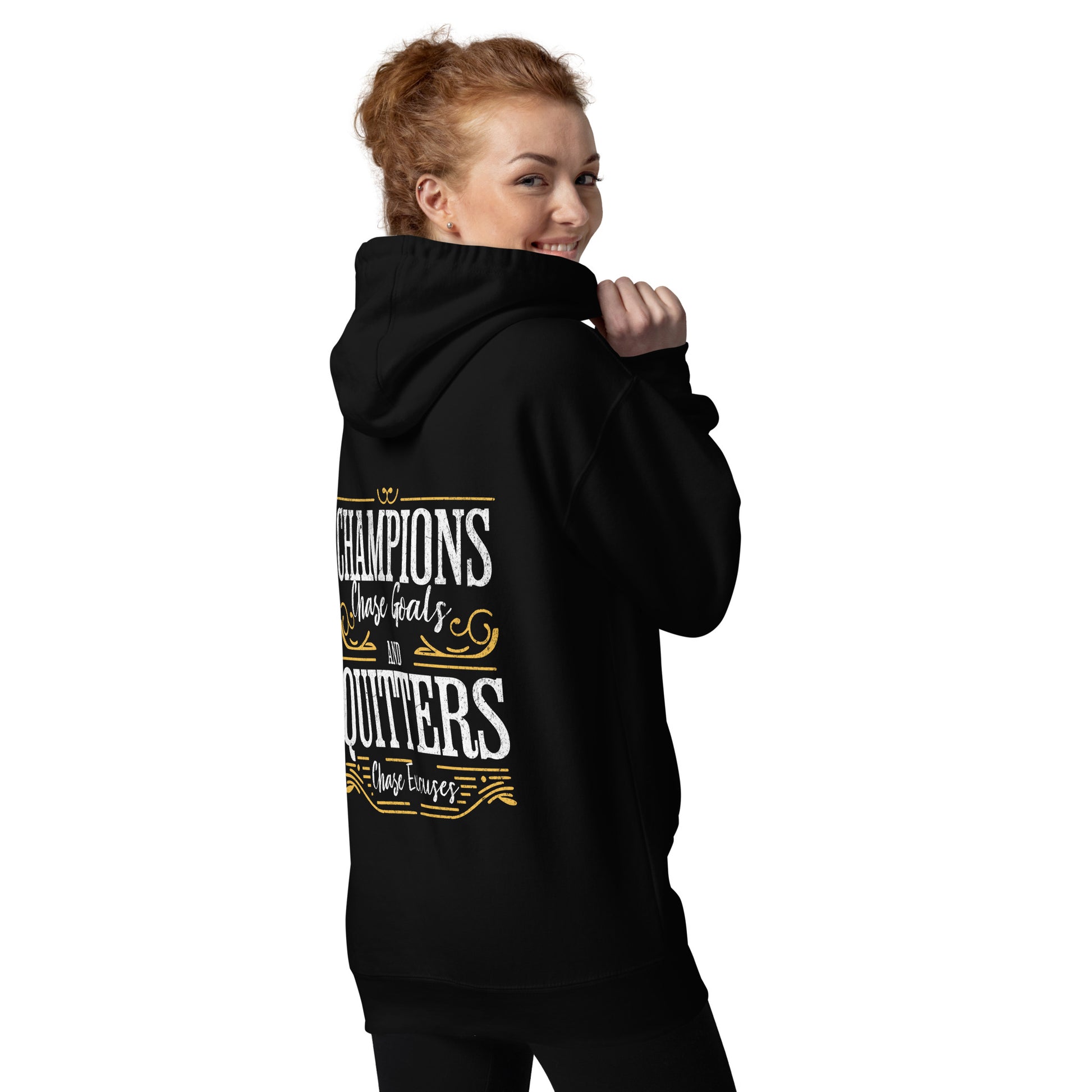 Champions Chase Goals Black Organic Cotton Hoodie for Women right back view.