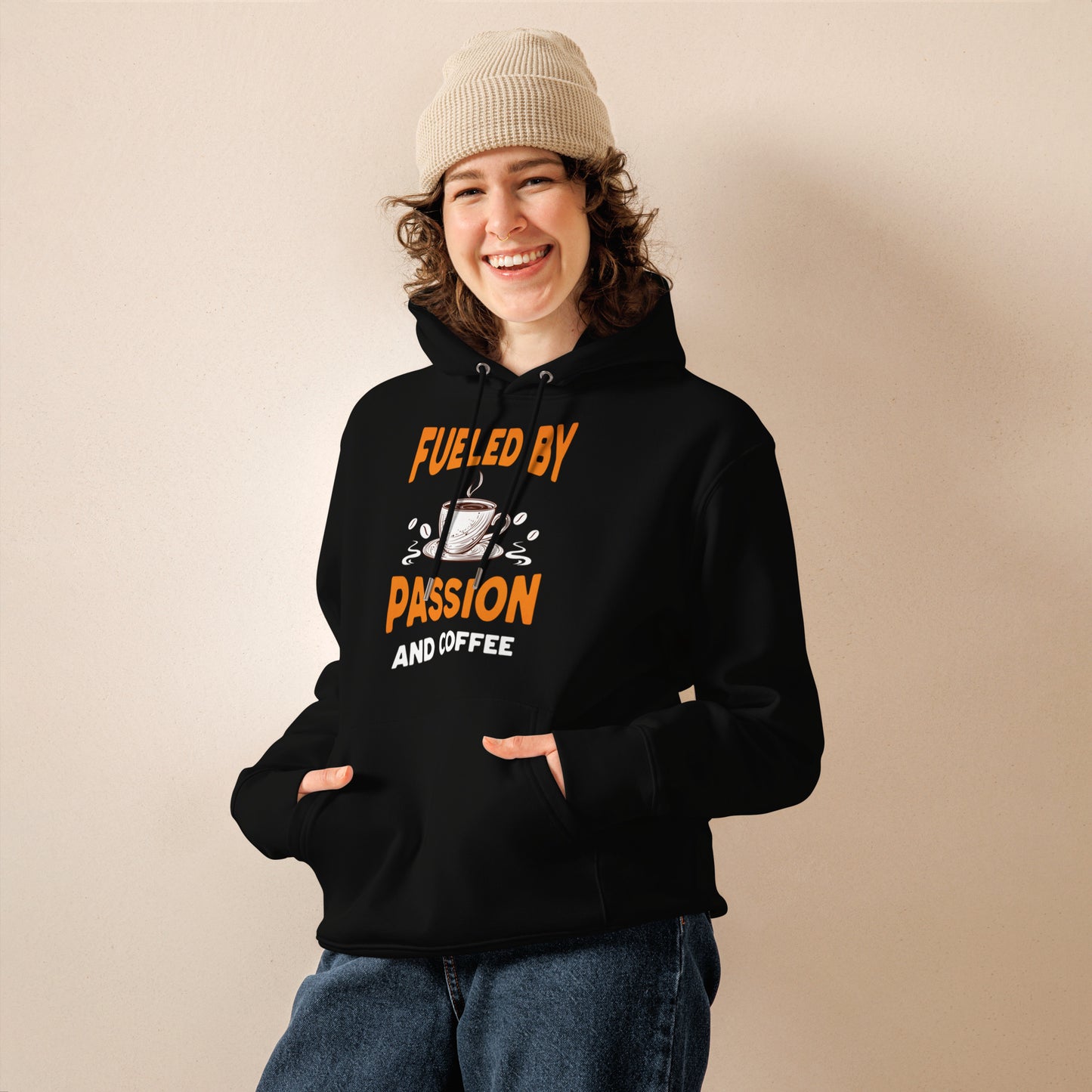 FUELED BY PASSION & COFFEE | ORGANIC COTTON HOODIE FOR WOMEN | BLACK