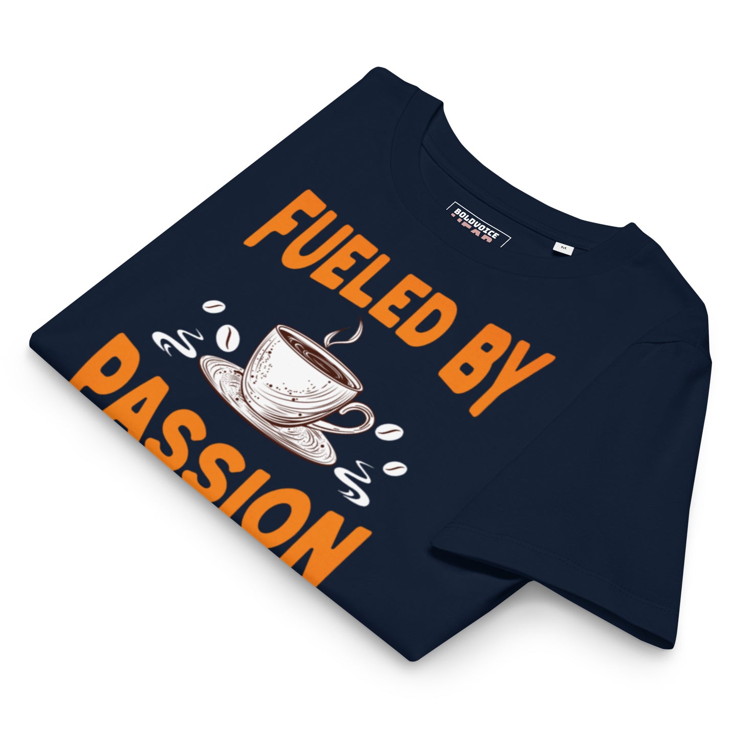 FUELED BY PASSION & COFFEE | ORGANIC COTTON CREWNECK T-SHIRT| NAVY