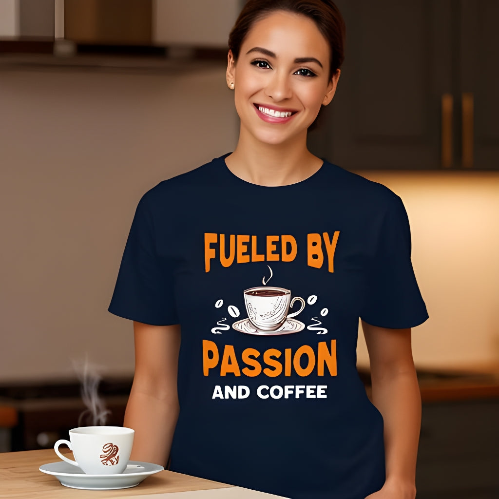 FUELED BY PASSION & COFFEE | ORGANIC COTTON CREWNECK T-SHIRT| NAVY