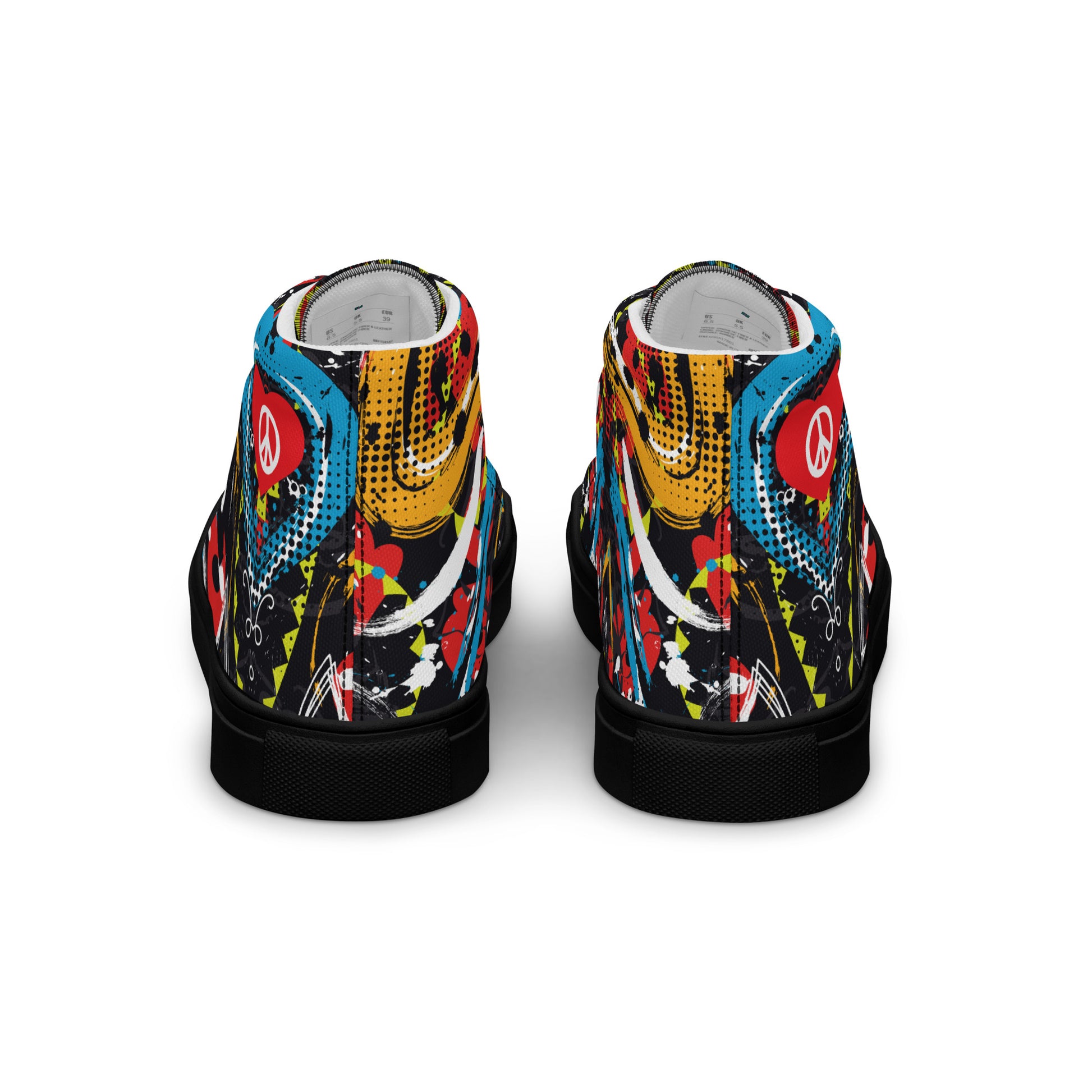 Peace and Love Women's Black High-Top Sneakers back view.