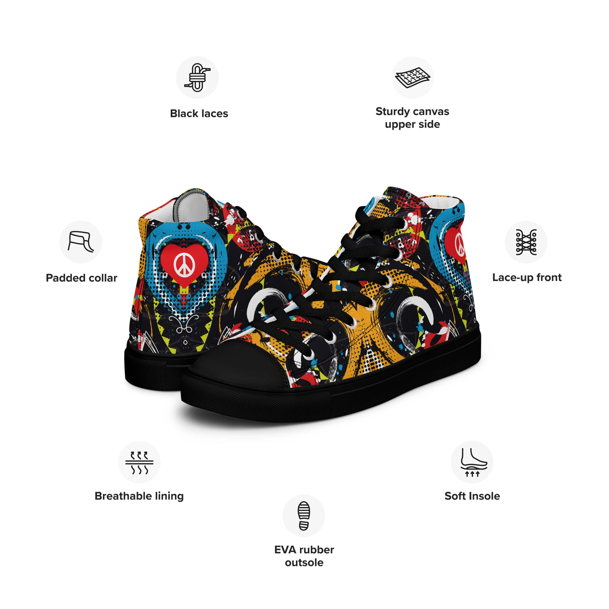 Peace and Love Women's Black High-Top Sneakers.