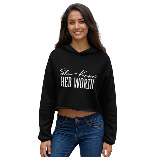 She Knows Her Worth Black Cropped Hoodie for Women front view.