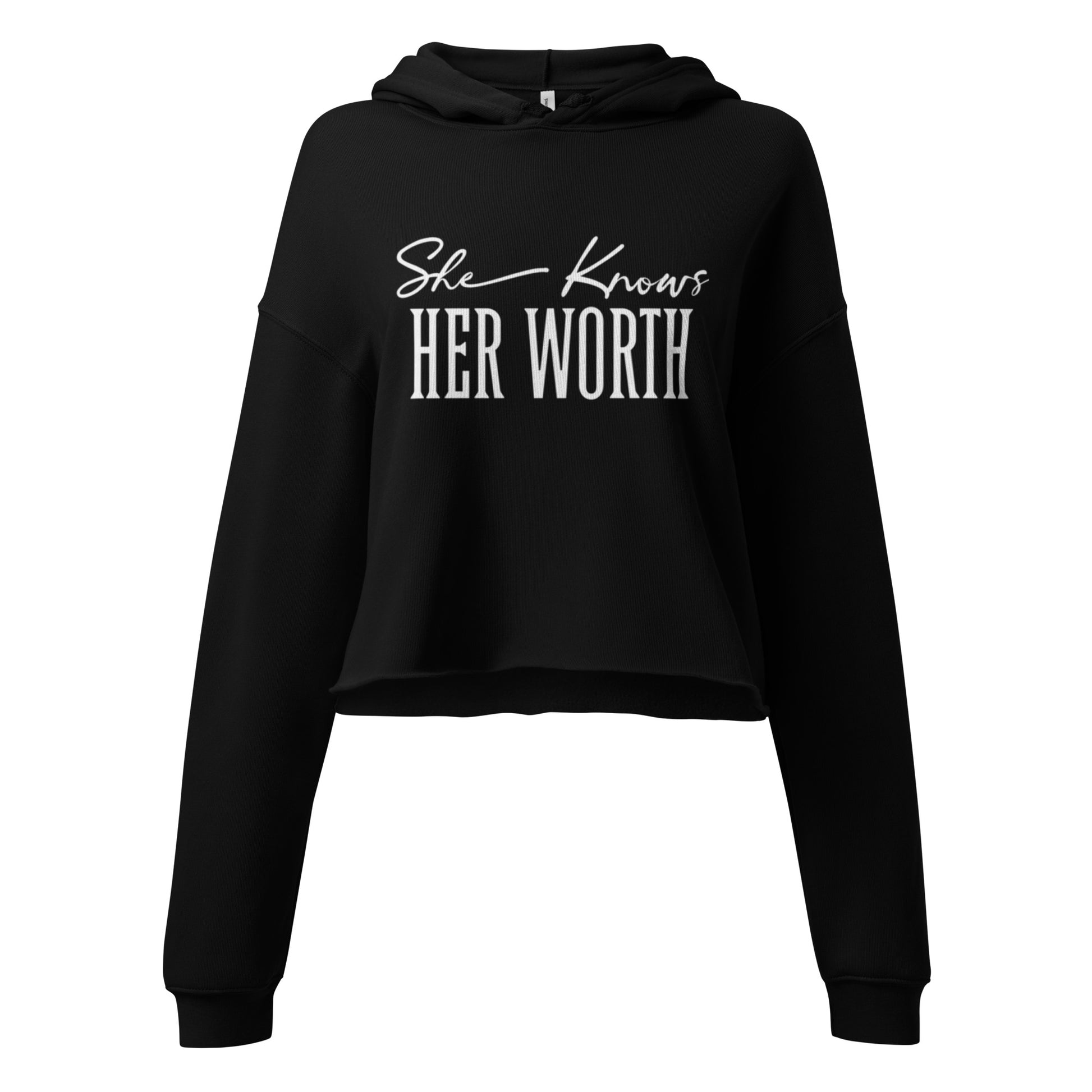 She Knows Her Worth Black Cropped Hoodie for Women front view on white background.