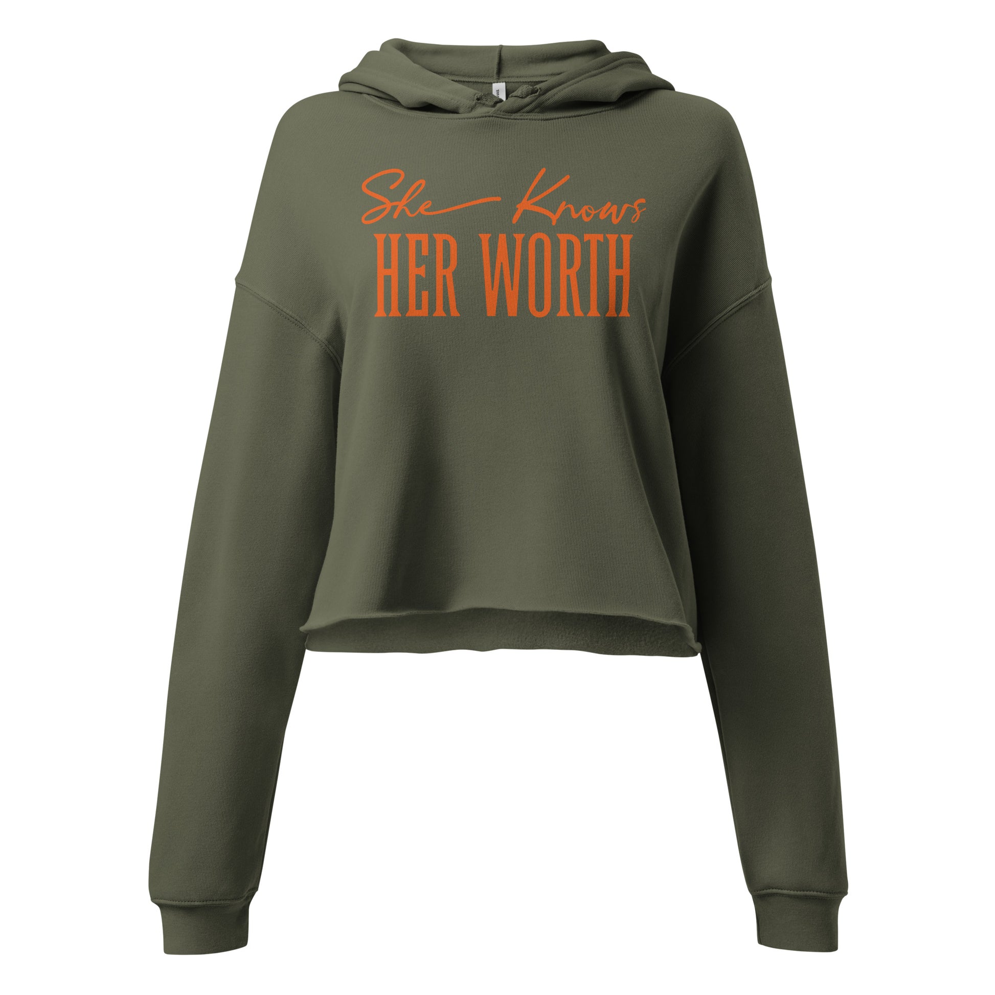 She Knows Her Worth Green Cropped Hoodie For Women front view on white background.