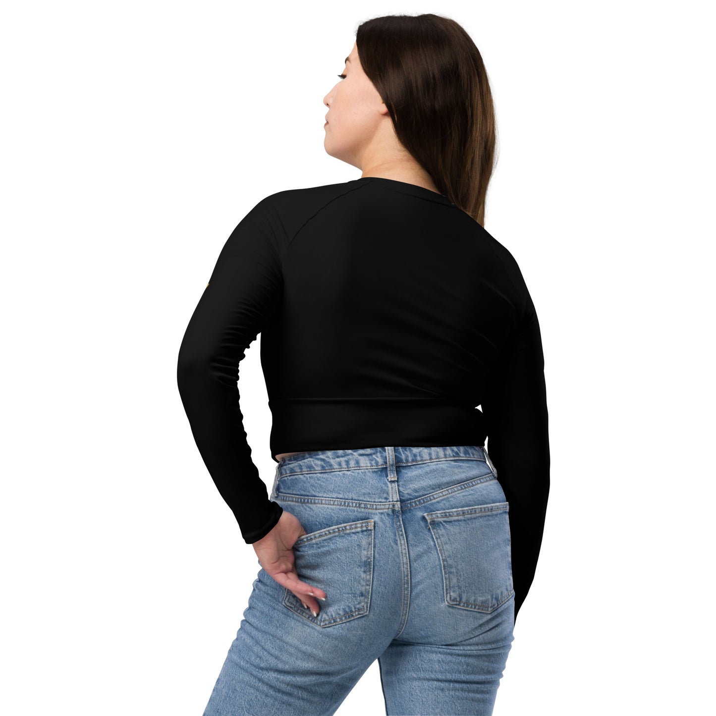 She Who Dares Wins Black Crop Top back view with jeans.