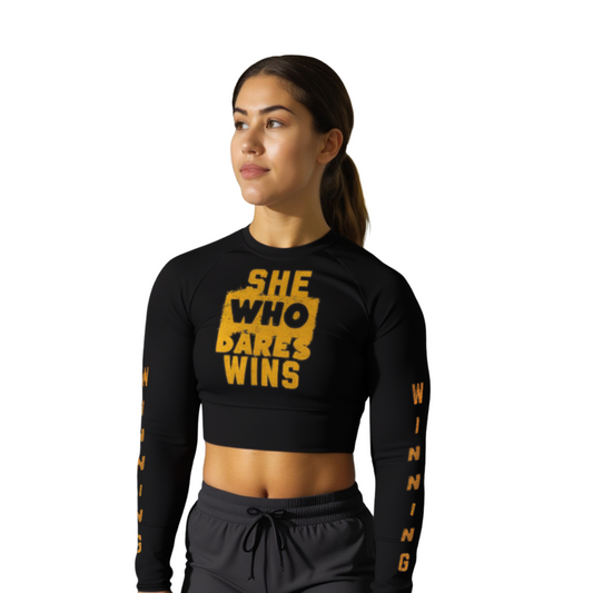 She Who Dares Wins Black Crop Top front view.