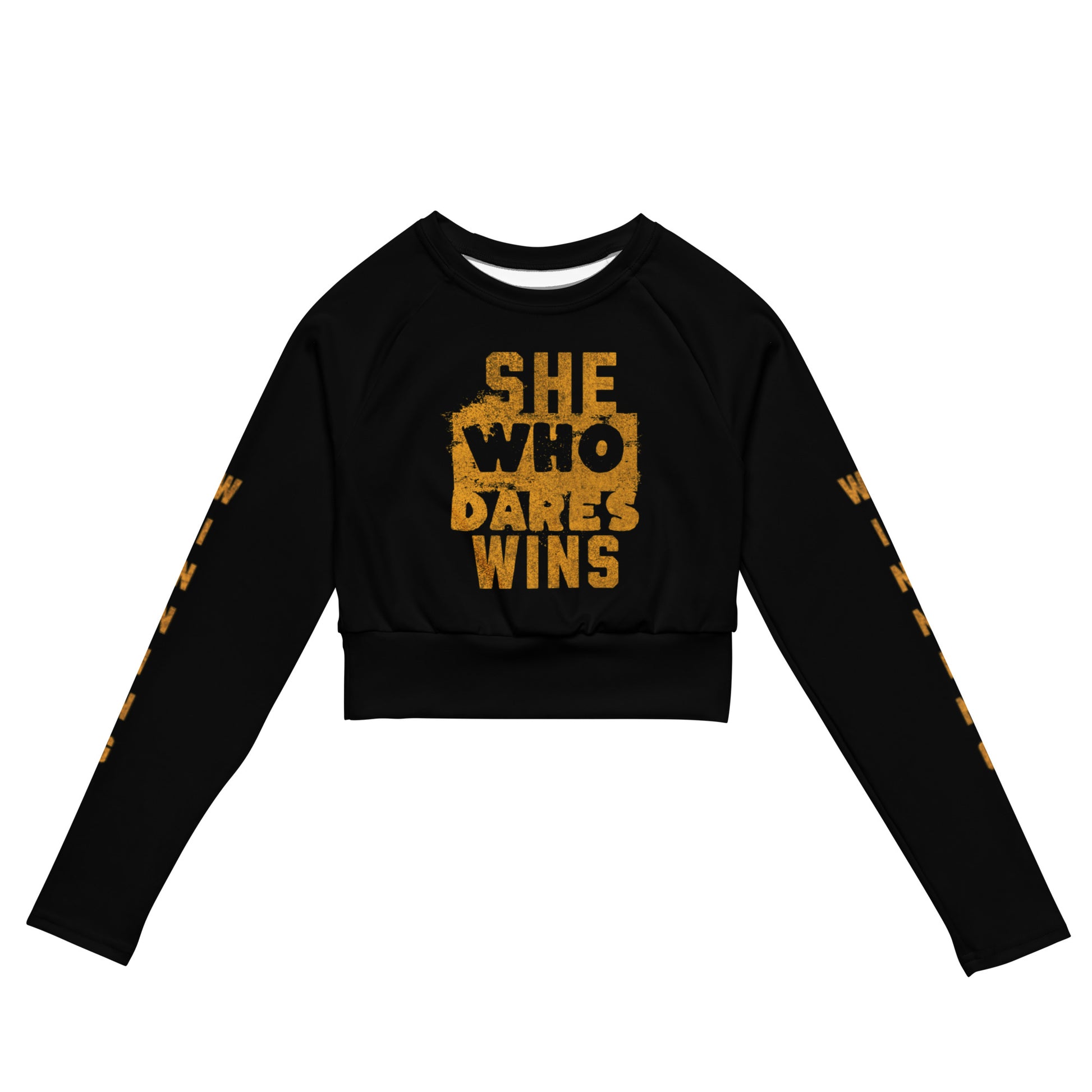 She Who Dares Wins Black Crop Top front view on white background.