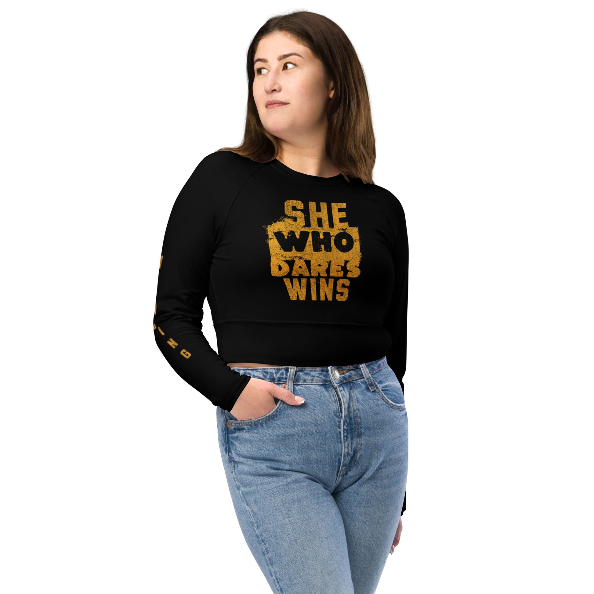 She Who Dares Wins Black Crop Top front view with jeans.