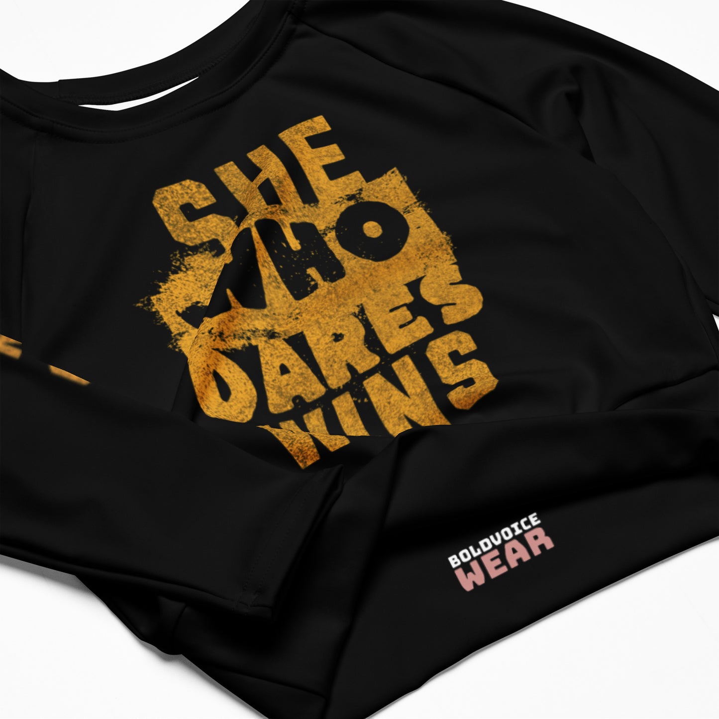 She Who Dares Wins Black Crop Top closeup.