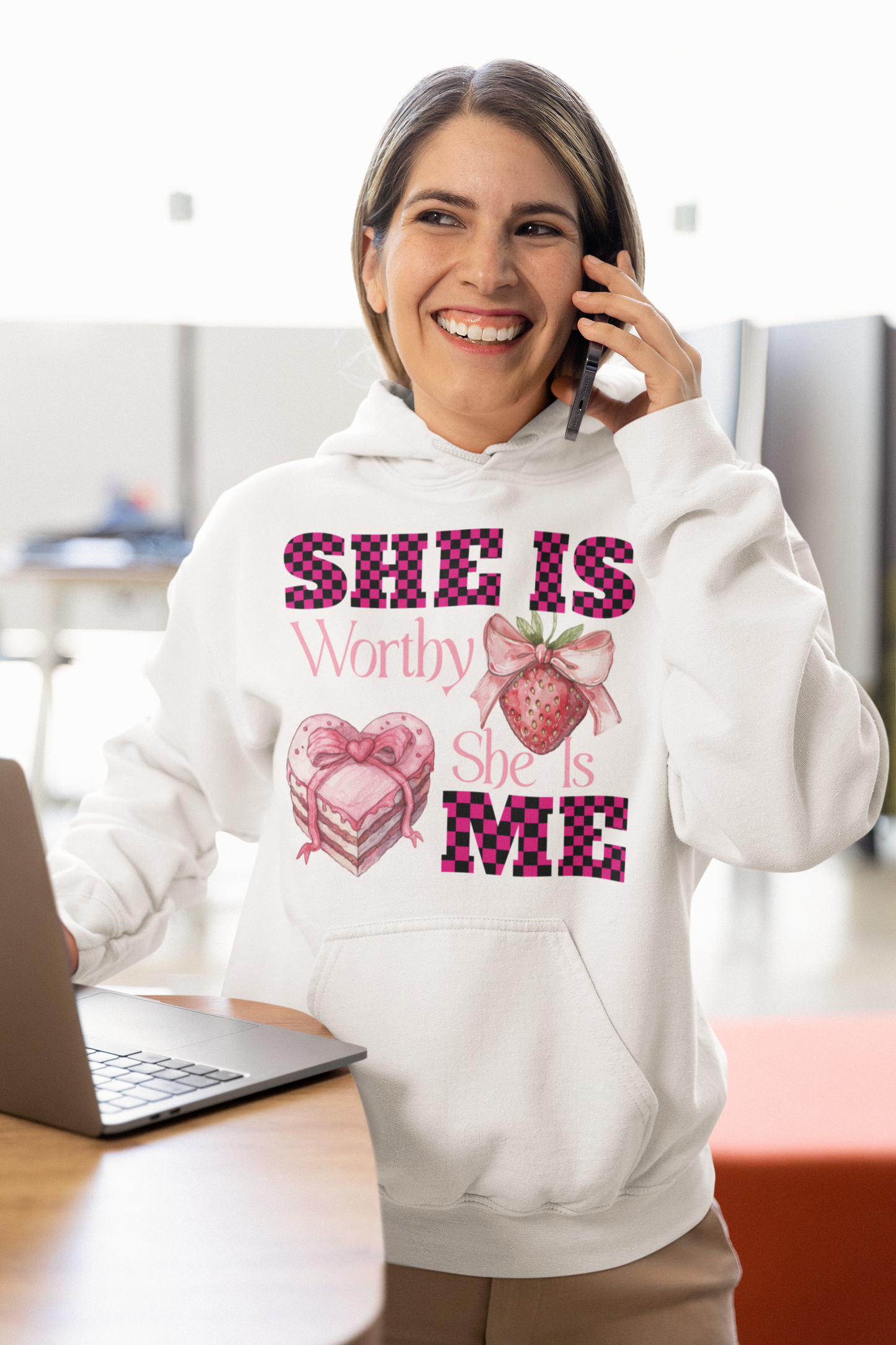 SHE IS WORTHY, SHE IS ME | ORGANIC COTTON HOODIE FOR WOMEN | WHITE