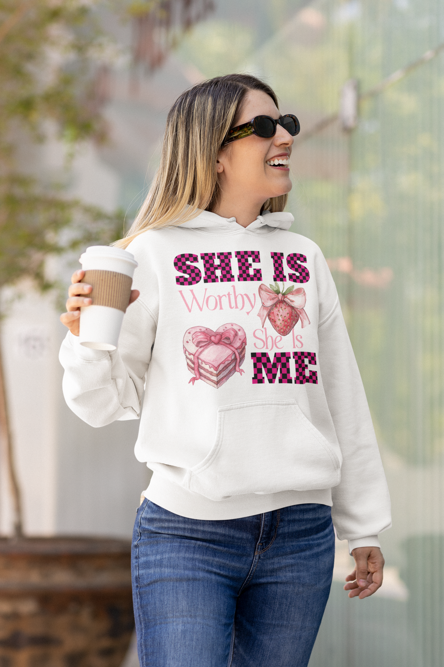 SHE IS WORTHY, SHE IS ME | ORGANIC COTTON HOODIE FOR WOMEN | WHITE