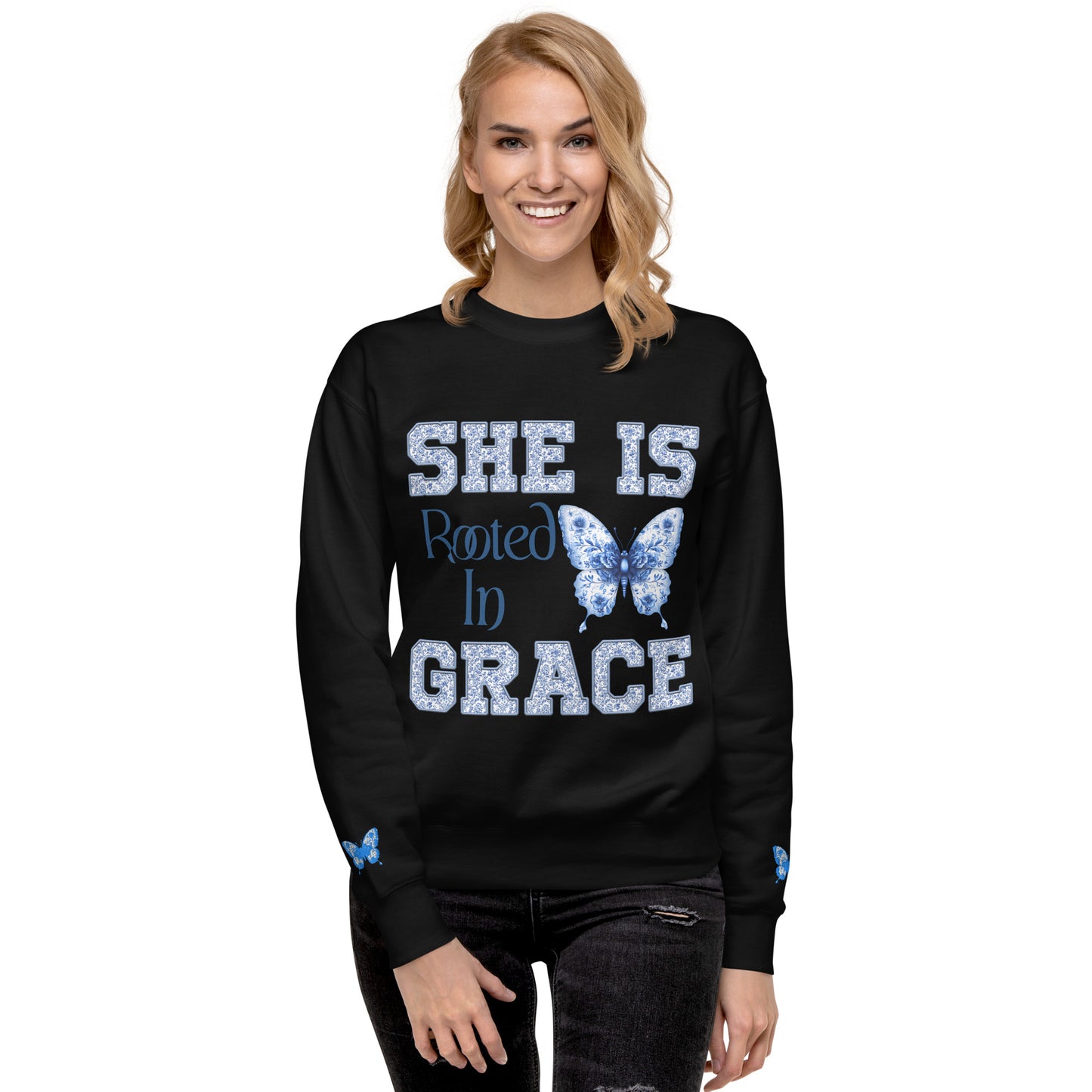 SHE IS ROOTED IN GRACE | PREMIUM COTTON CREWNECK SWEATSHIRT FOR WOMEN