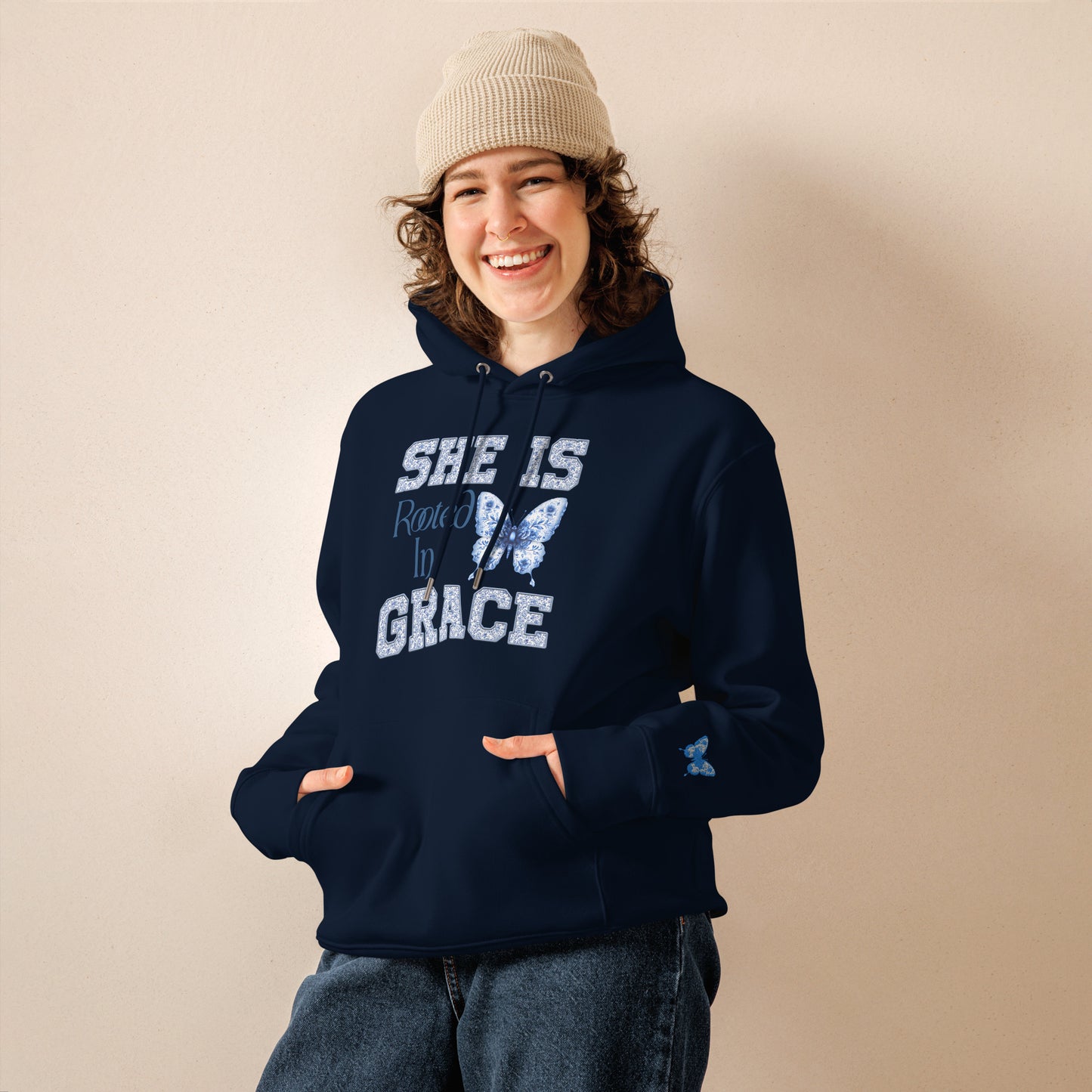 She Is Rooted In Grace | Organic Cotton Hoodie for Women | Navy