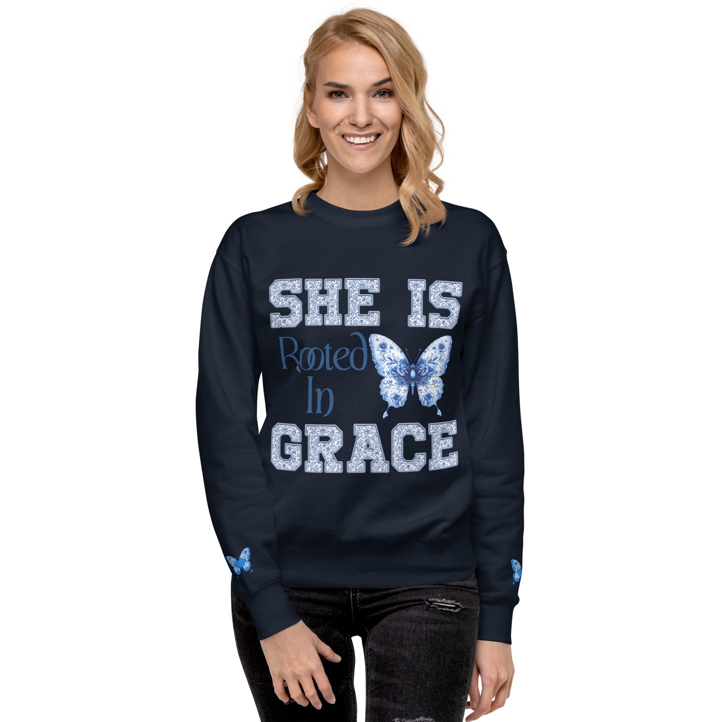 SHE IS ROOTED IN GRACE | PREMIUM COTTON CREWNECK SWEATSHIRT FOR WOMEN
