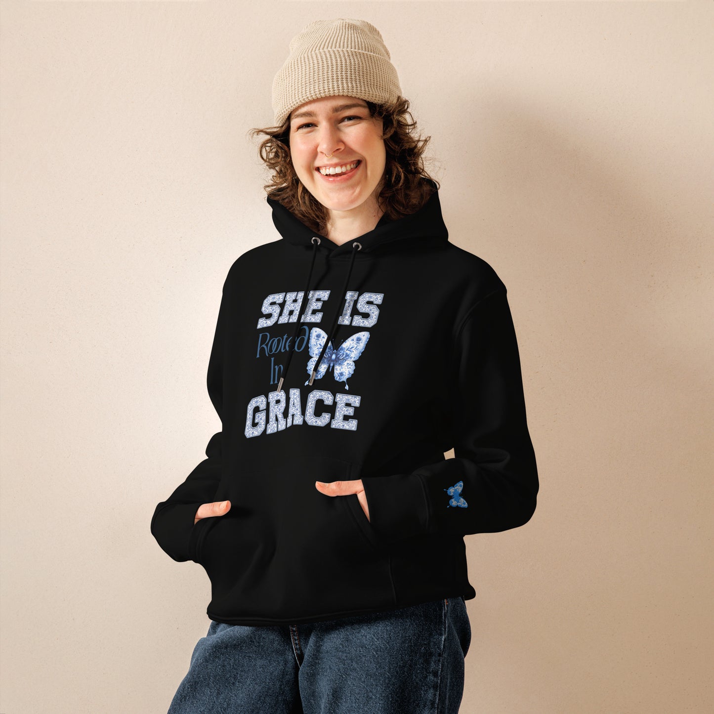 She Is Rooted In Grace | Organic Cotton Hoodie for Women | Black