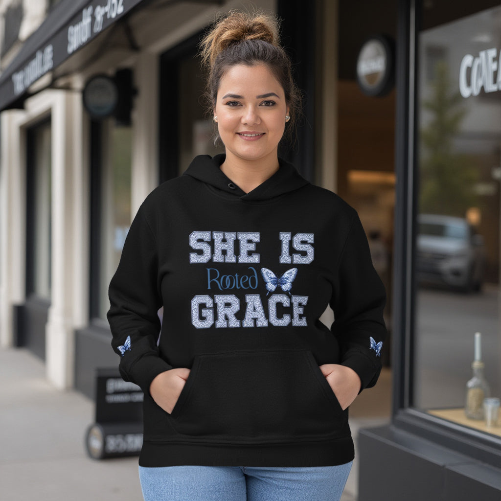 She Is Rooted In Grace | Organic Cotton Hoodie for Women | Black