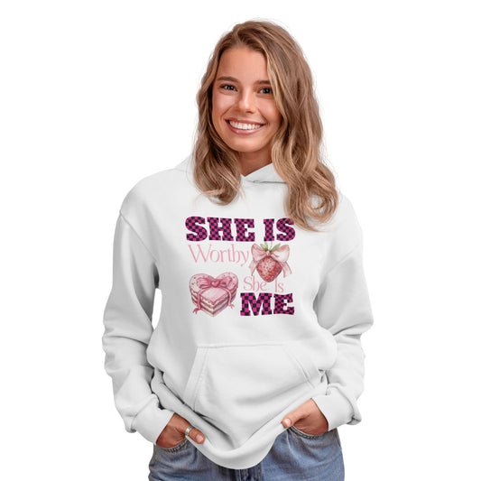 SHE IS WORTHY, SHE IS ME | ORGANIC COTTON HOODIE FOR WOMEN | WHITE