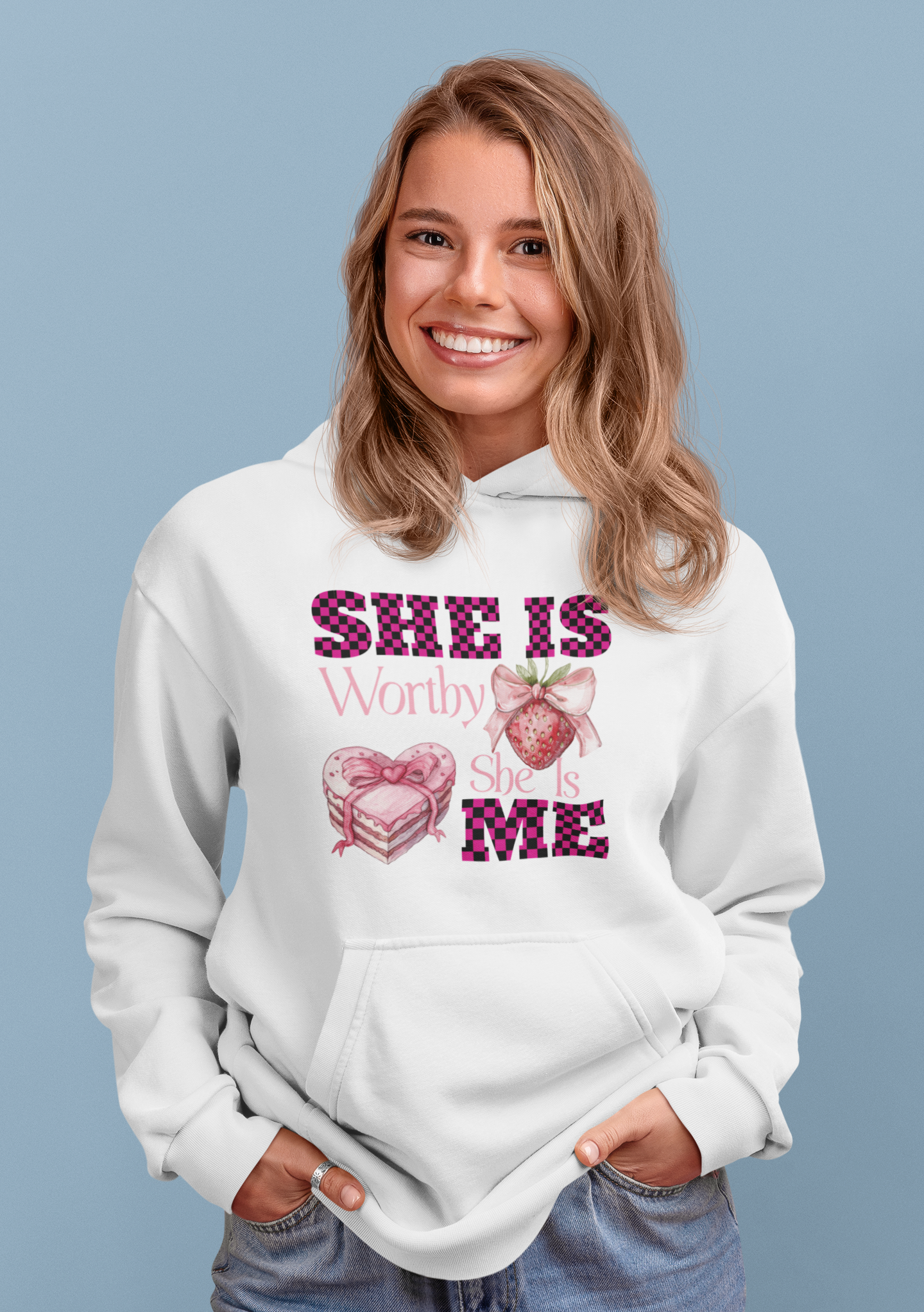 SHE IS WORTHY, SHE IS ME | ORGANIC COTTON HOODIE FOR WOMEN | WHITE