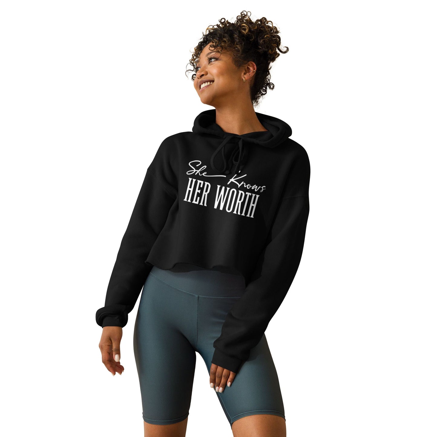 She Knows Her Worth Black Cropped Hoodie For Women