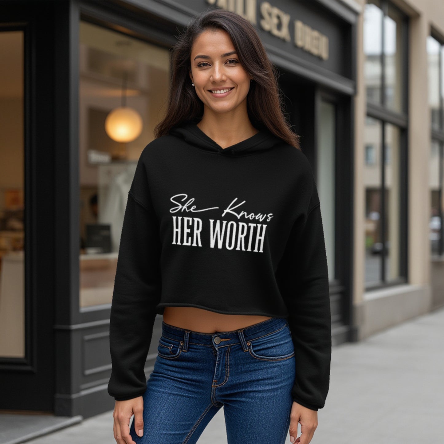 She Knows Her Worth Black Cropped Hoodie For Women