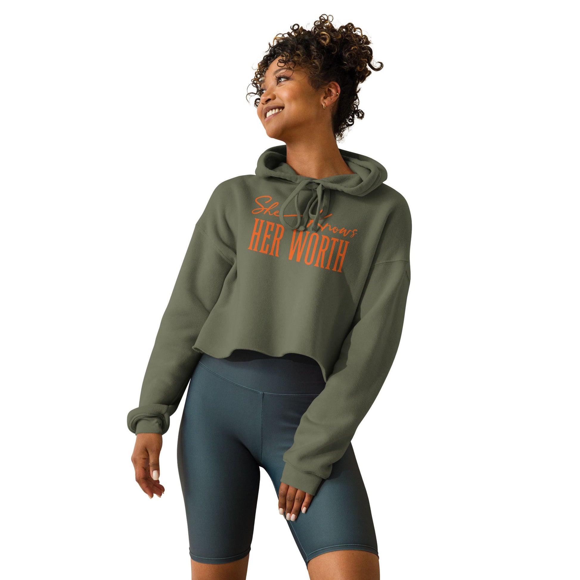 She Knows Her Worth Green Cropped Hoodie For Women front view.