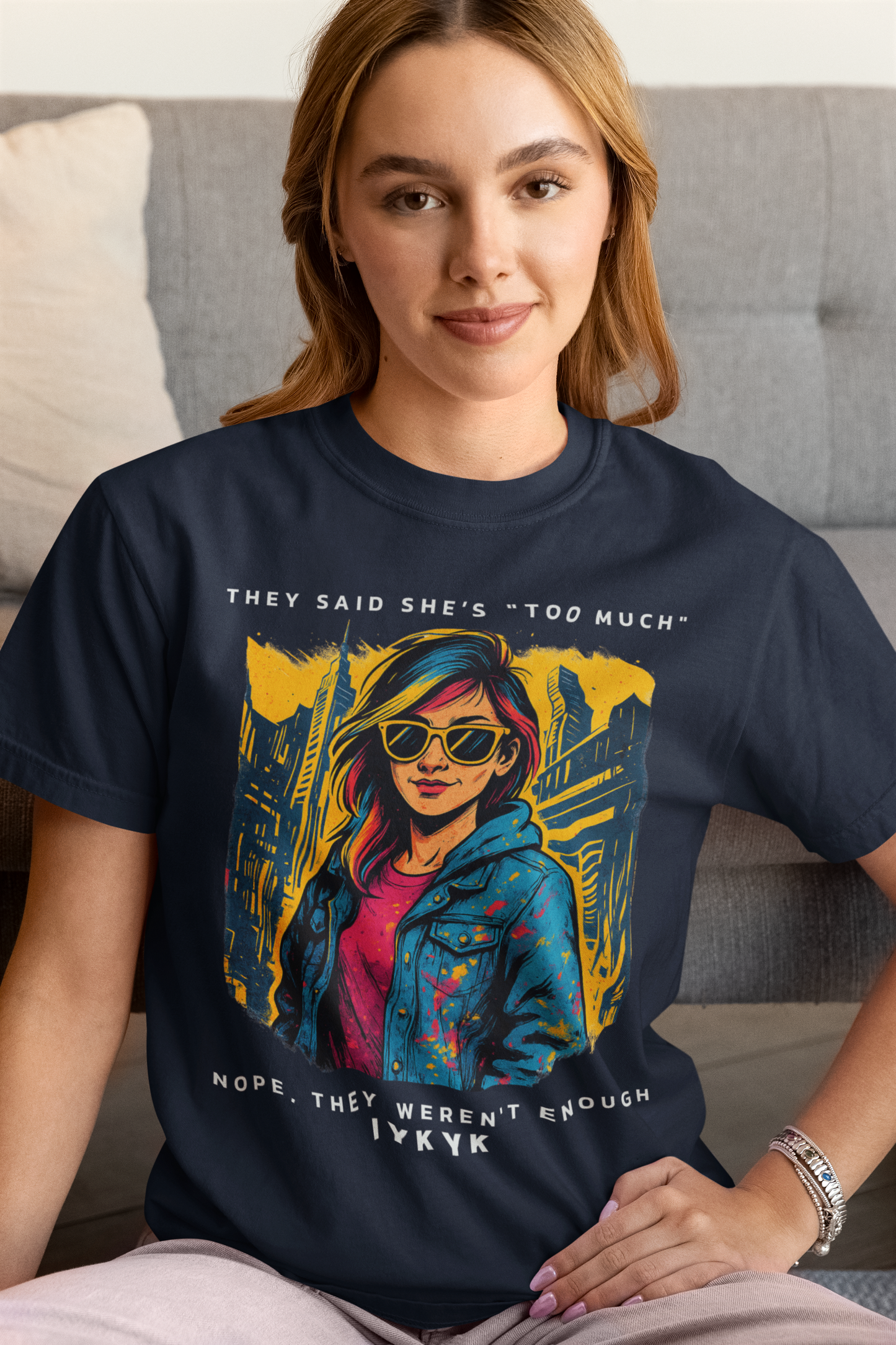 THEY SAID SHE'S TOO MUCH | ORGANIC COTTON CREWNECK T-SHIRT | NAVY