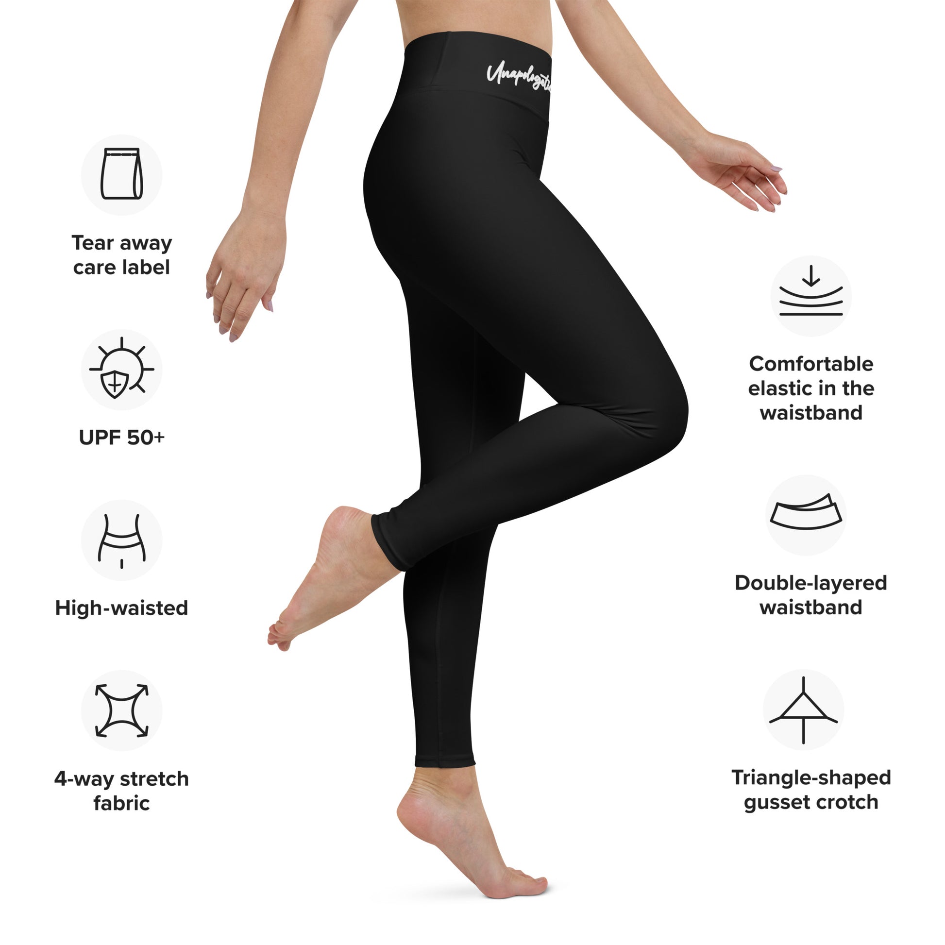 Unapologetically Me Black Yoga leggings right front view. 