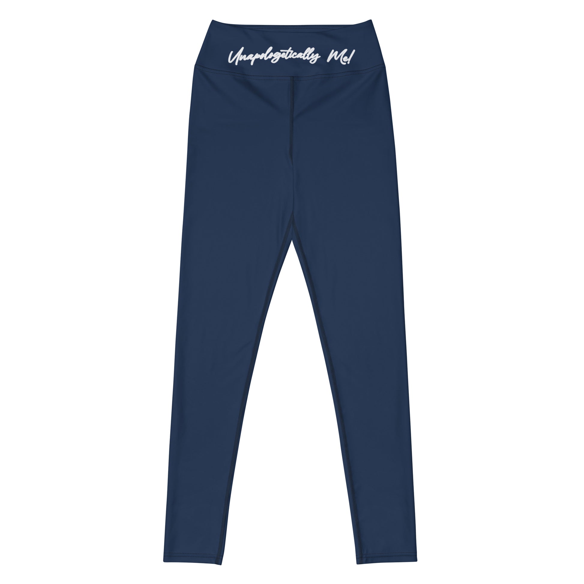 Unapologetically Me Blue Yoga Leggings front view on white background.