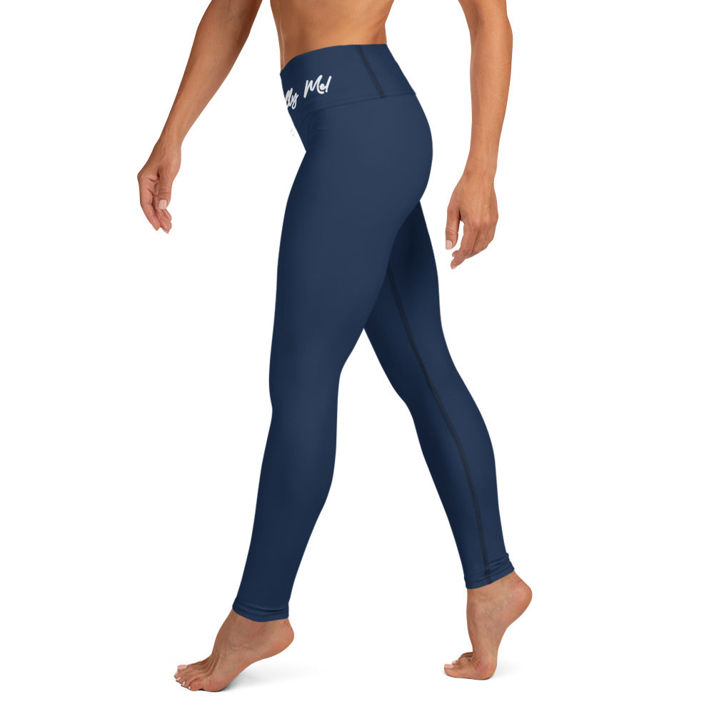 Unapologetically Me Blue Yoga Leggings left front view on white background.