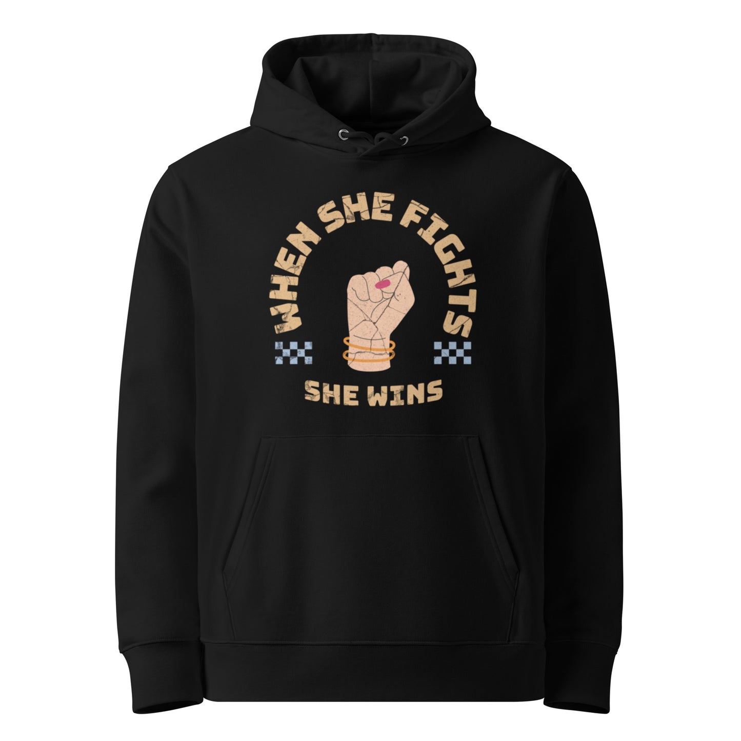 When She Fights She Wins Organic Cotton Hoodie For Women front view ghost mockup.