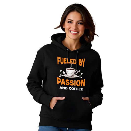 FUELED BY PASSION & COFFEE | ORGANIC COTTON HOODIE FOR WOMEN | BLACK
