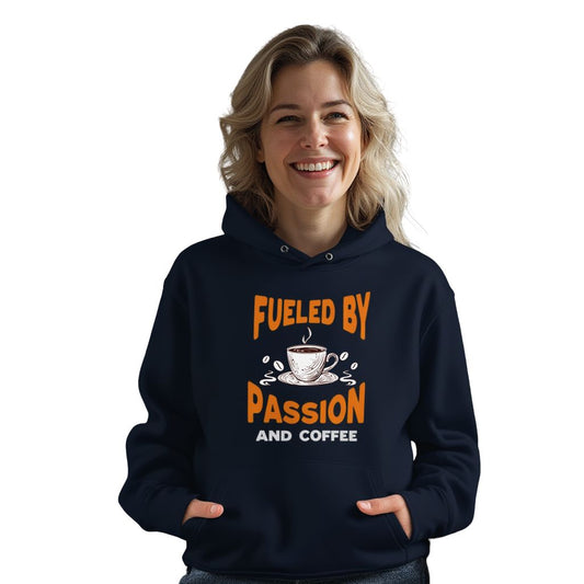 FUELED BY PASSION & COFFEE | ORGANIC COTTON HOODIE FOR WOMEN | NAVY