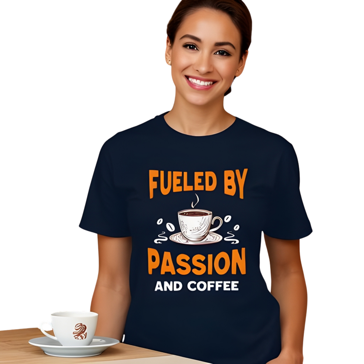 FUELED BY PASSION & COFFEE | ORGANIC COTTON CREWNECK T-SHIRT| NAVY