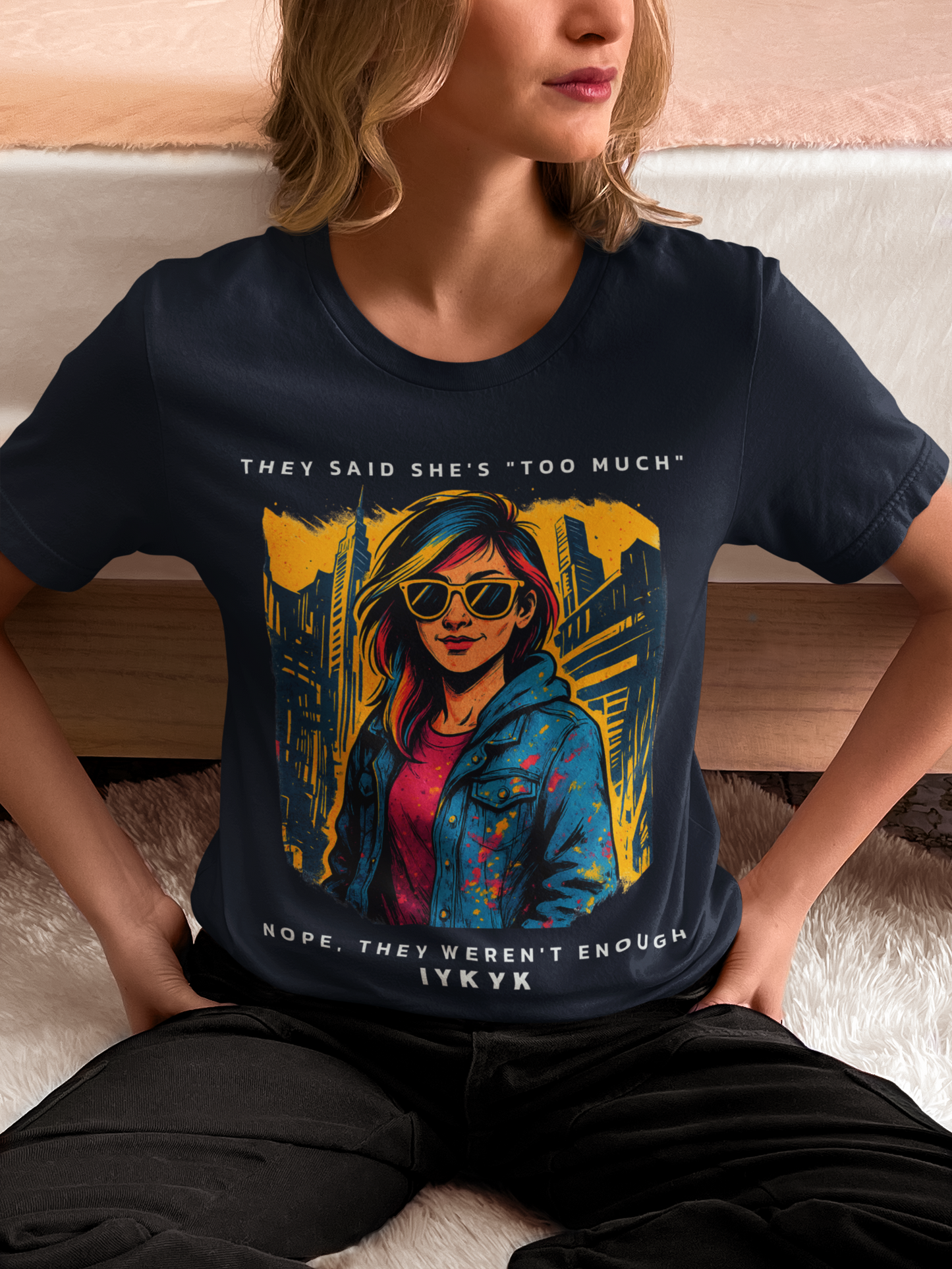 THEY SAID SHE'S TOO MUCH | ORGANIC COTTON CREWNECK T-SHIRT | NAVY